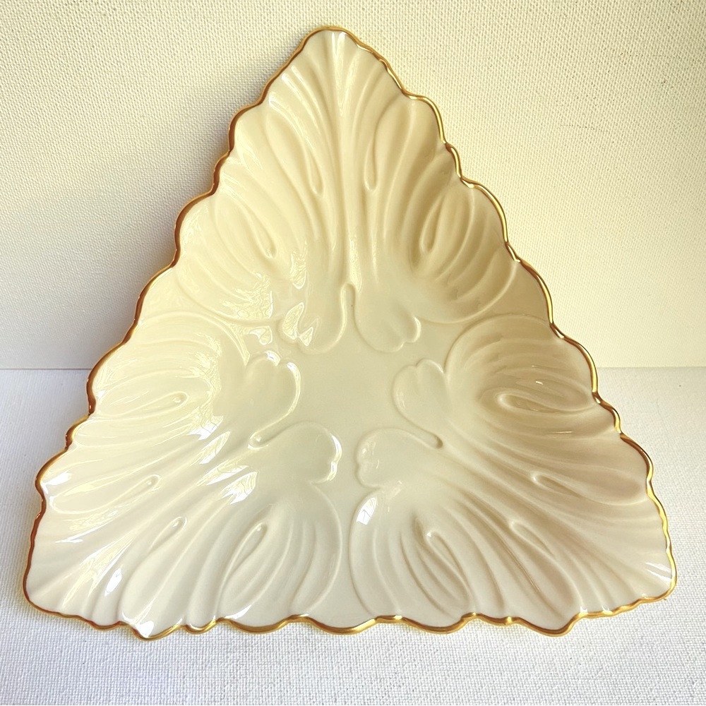 Lenox USA Triad Collection vintage triangular dish embossed leaves and gold trim